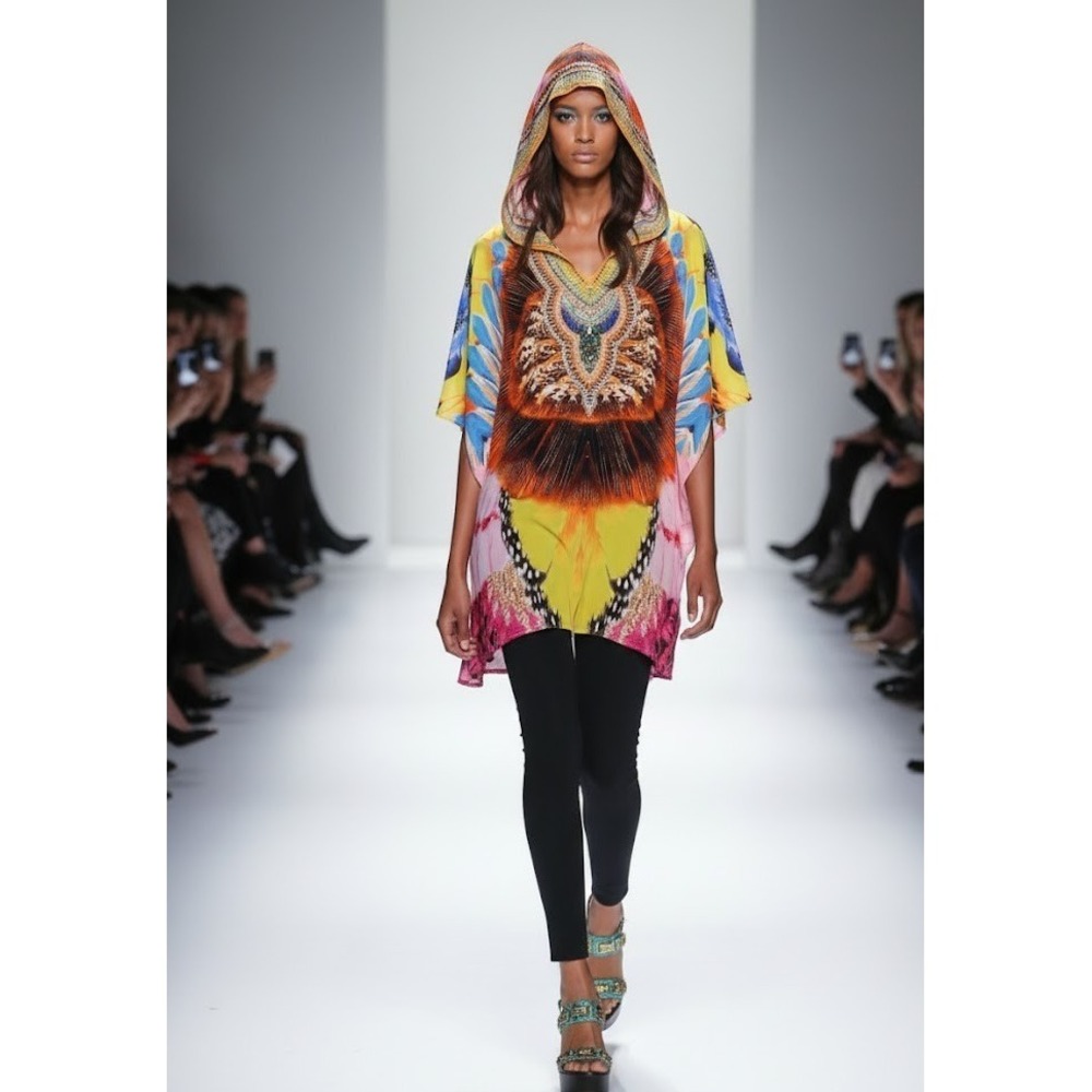 CAMILLA Beaded Hooded Silk Kaftan Tunic Top Silk Boho Luxe Vibrant Color $850 - Picture 1 of 8